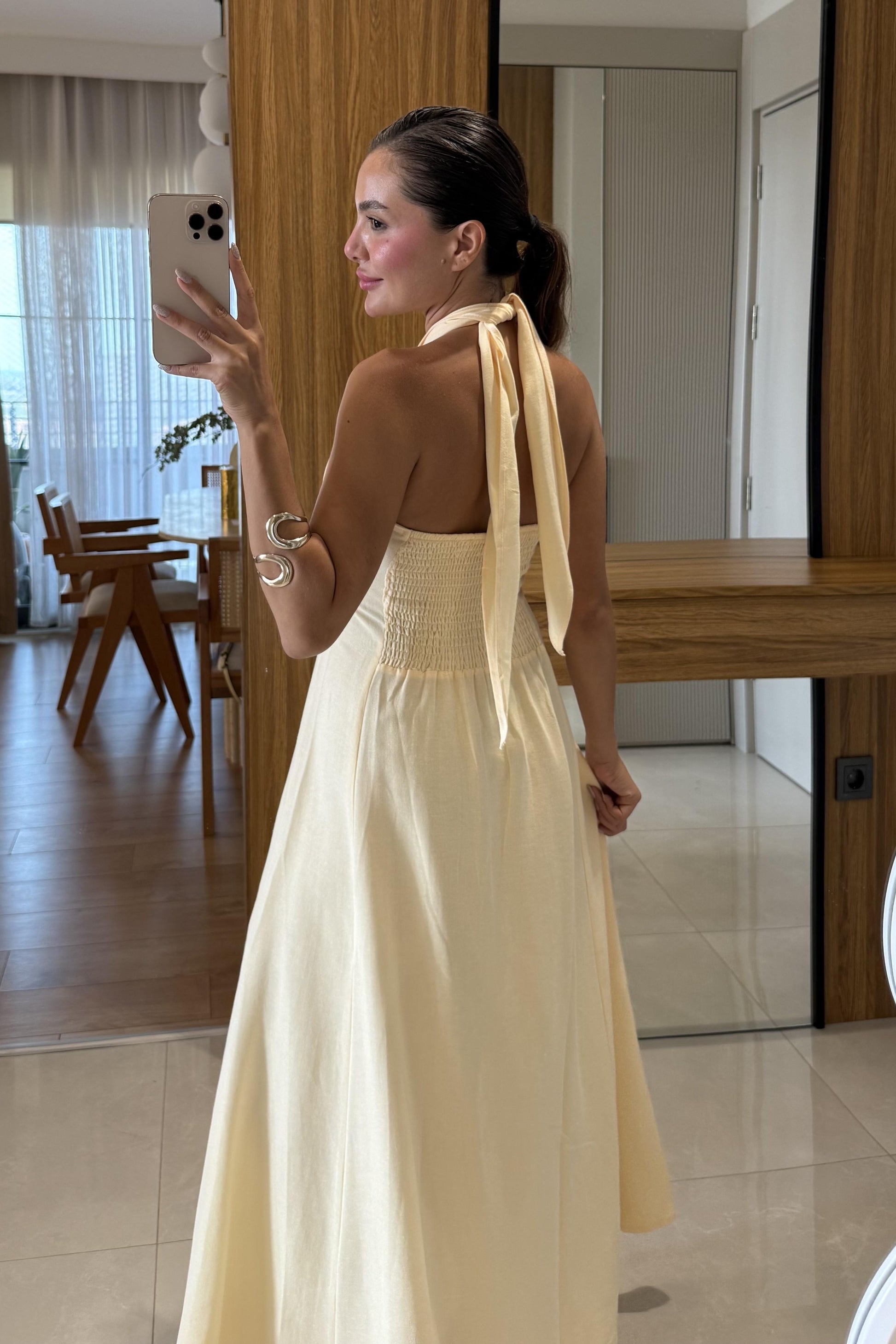 Serena Sarı Boyundan Bağlamalı Çan Elbise