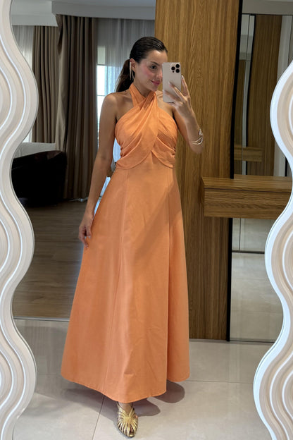 Serena Turuncu Boyundan Bağlamalı Çan Elbise