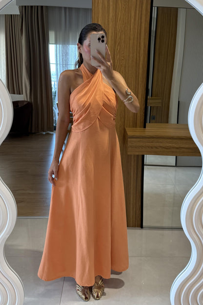 Serena Turuncu Boyundan Bağlamalı Çan Elbise