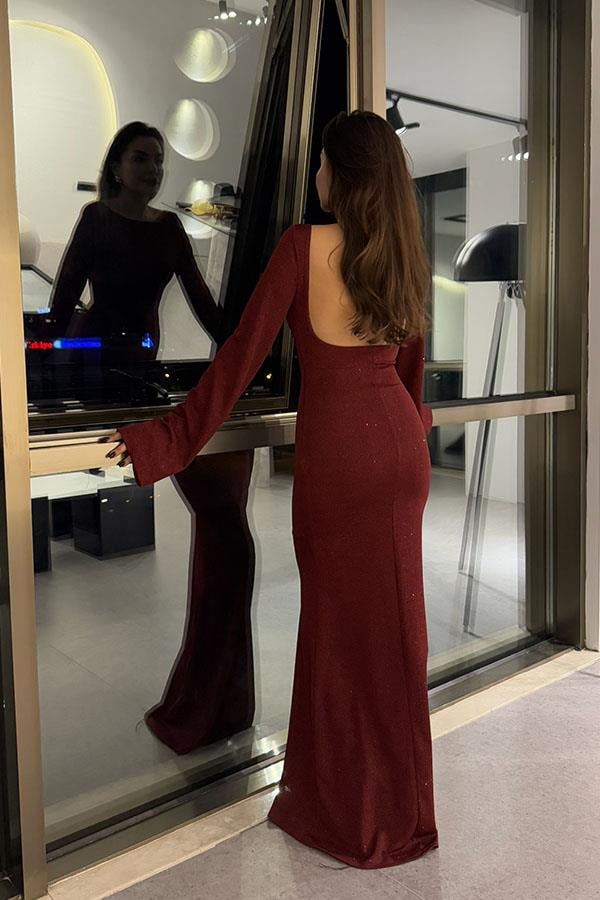 Shaila Sırt Dekolteli Simli Bordo Elbise