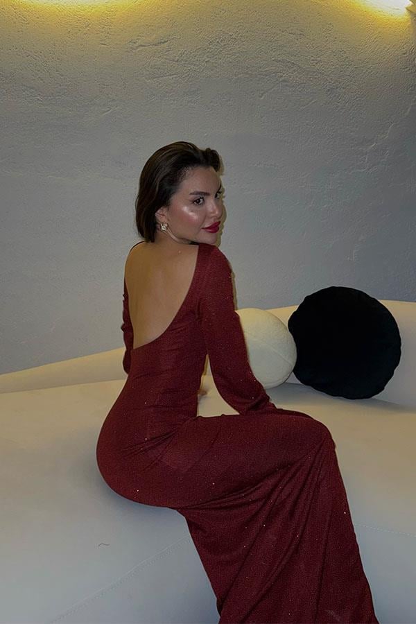 Shaila Sırt Dekolteli Simli Bordo Elbise