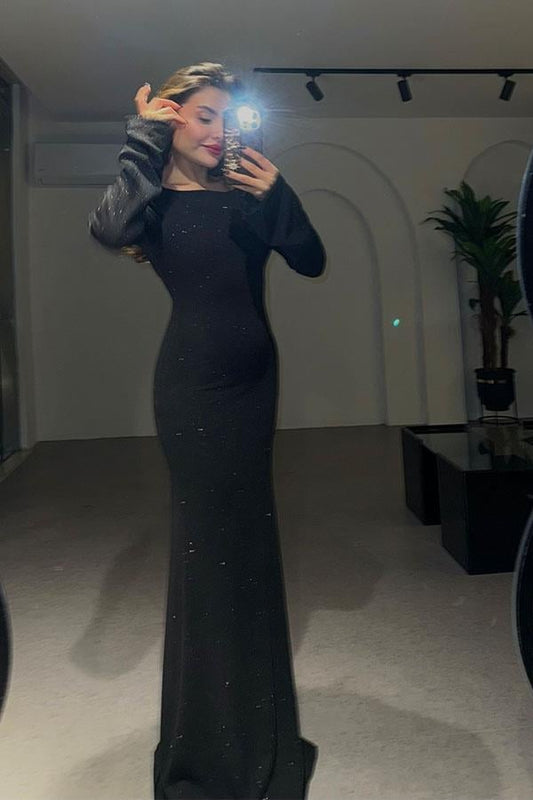 Shaila Sırt Dekolteli Simli Siyah Elbise