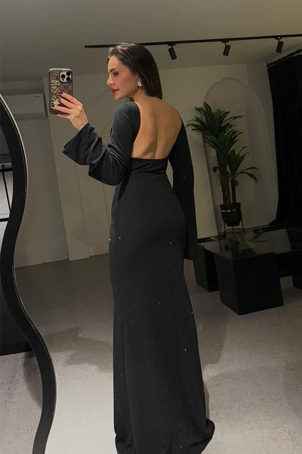 Shaila Sırt Dekolteli Simli Siyah Elbise