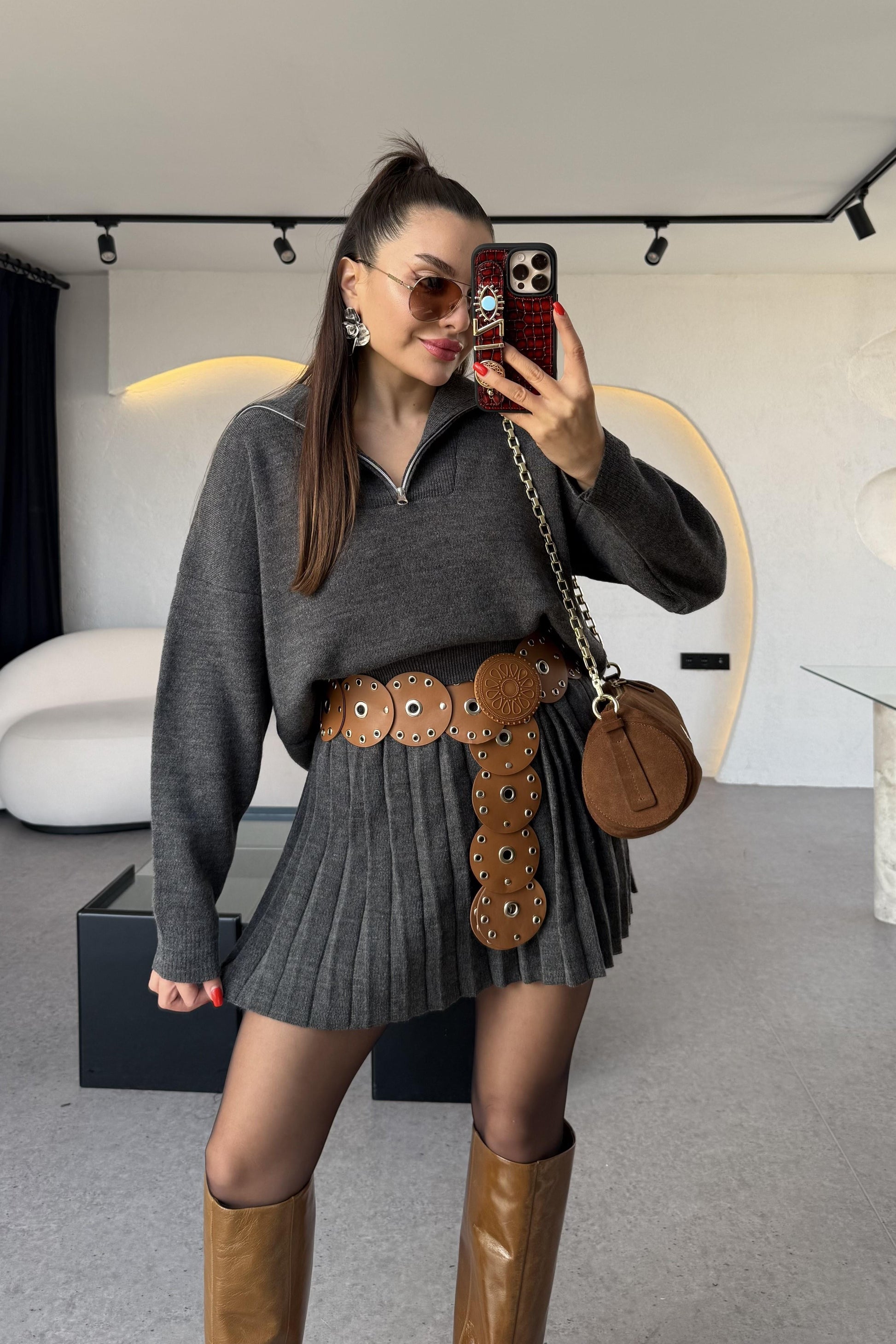 Shake Antrasit Kamyoner Yaka Pileli Etekli Takım