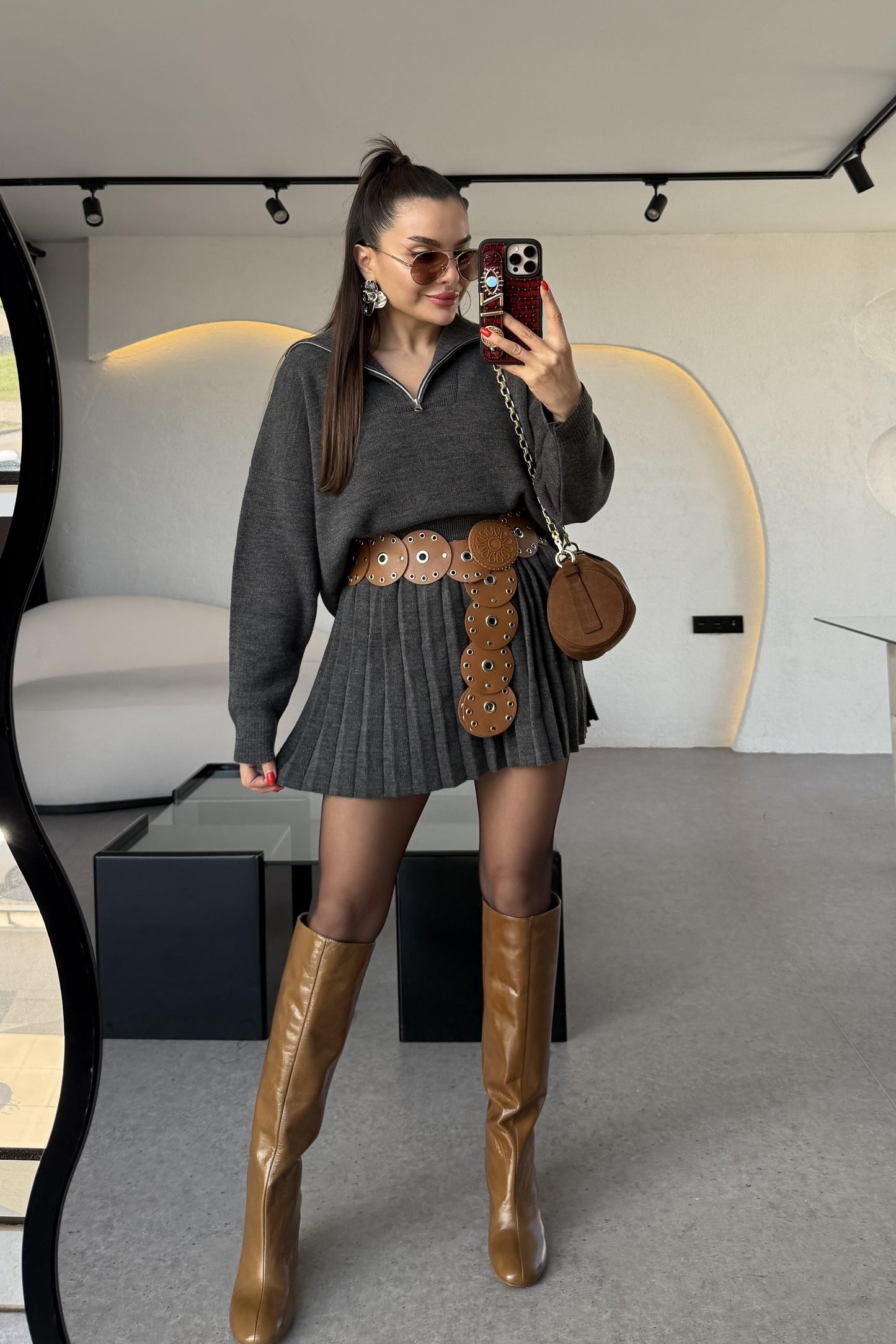 Shake Antrasit Kamyoner Yaka Pileli Etekli Takım