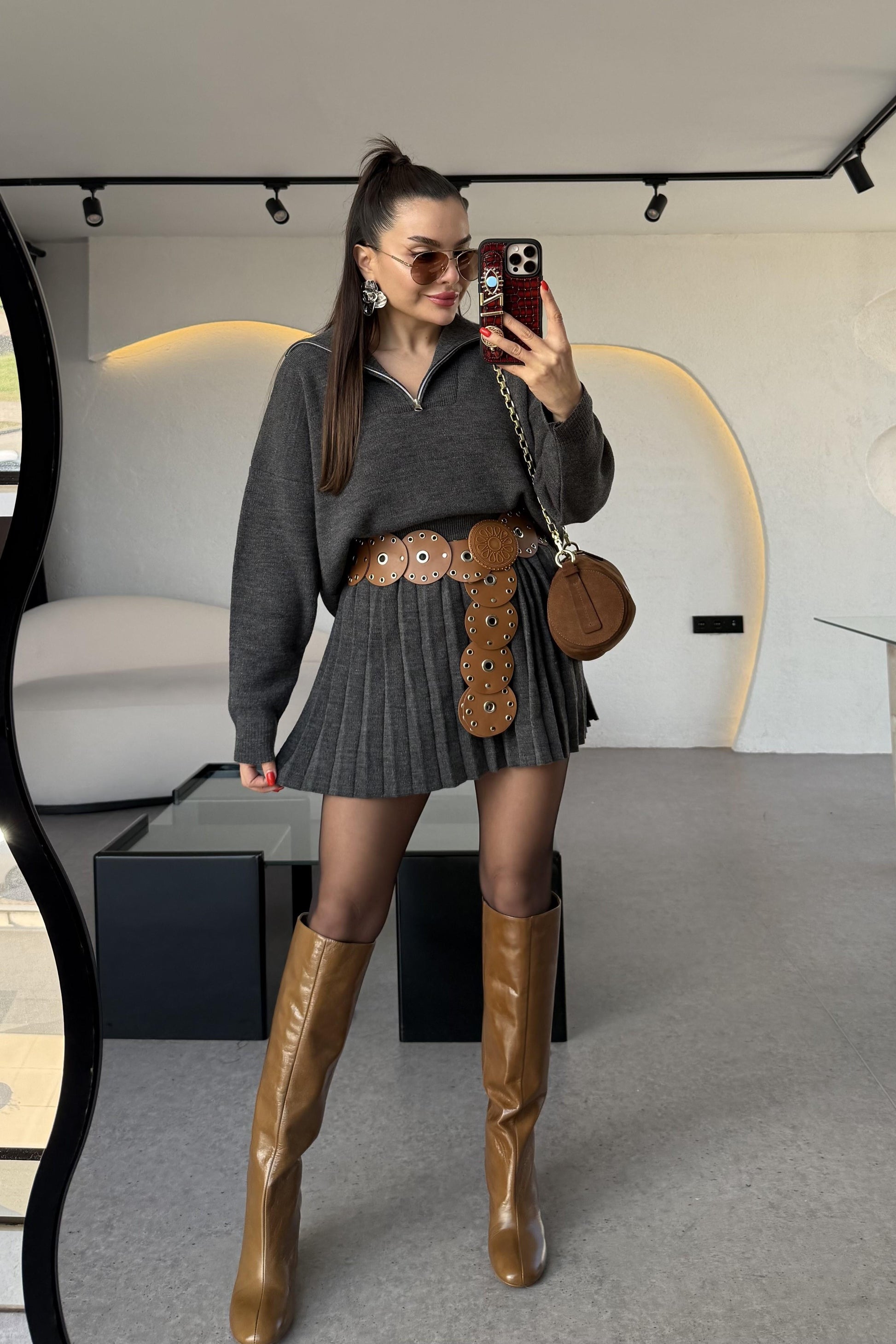 Shake Antrasit Kamyoner Yaka Pileli Etekli Takım