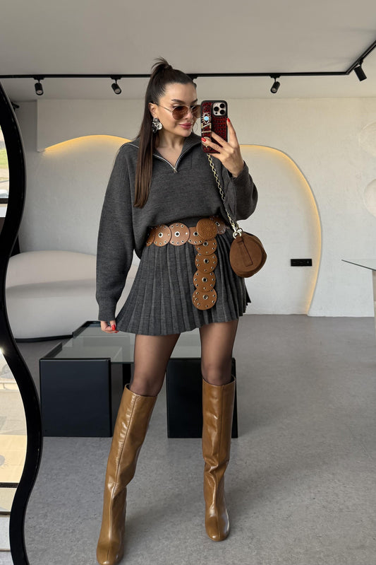 Shake Antrasit Kamyoner Yaka Pileli Etekli Takım