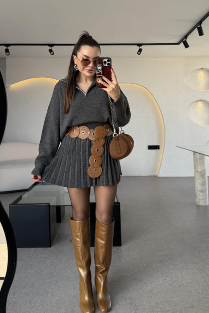 Shake Antrasit Kamyoner Yaka Pileli Etekli Takım