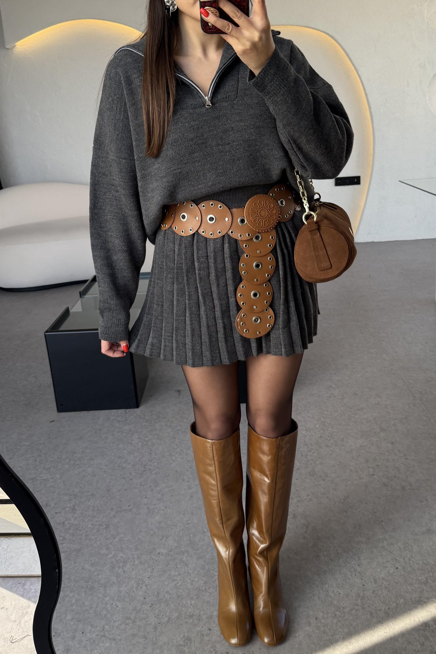 Shake Antrasit Kamyoner Yaka Pileli Etekli Takım