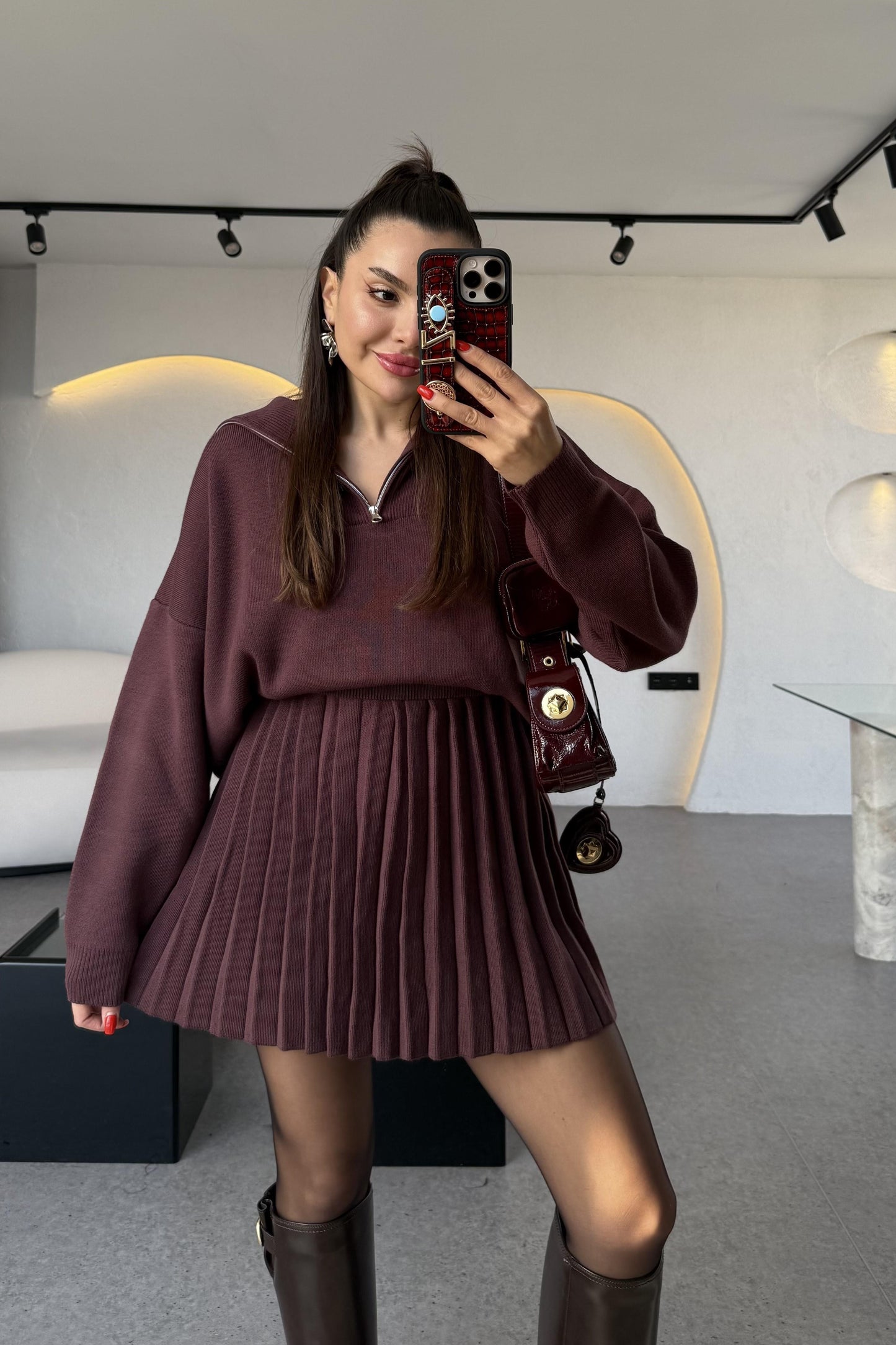 Shake Bordo Kamyoner Yaka Pileli Etekli Takım