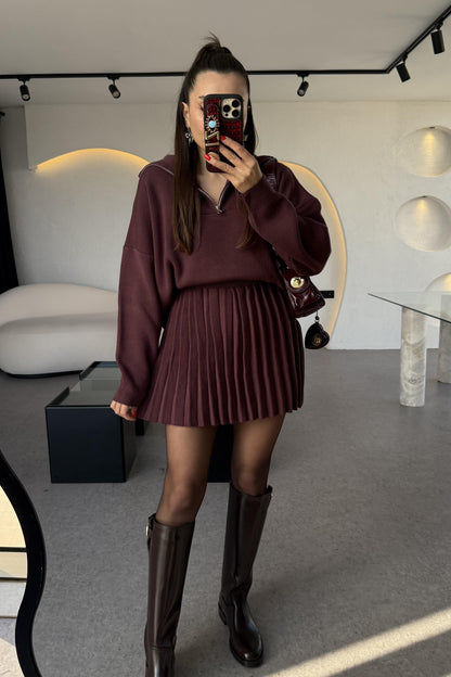 Shake Bordo Kamyoner Yaka Pileli Etekli Takım