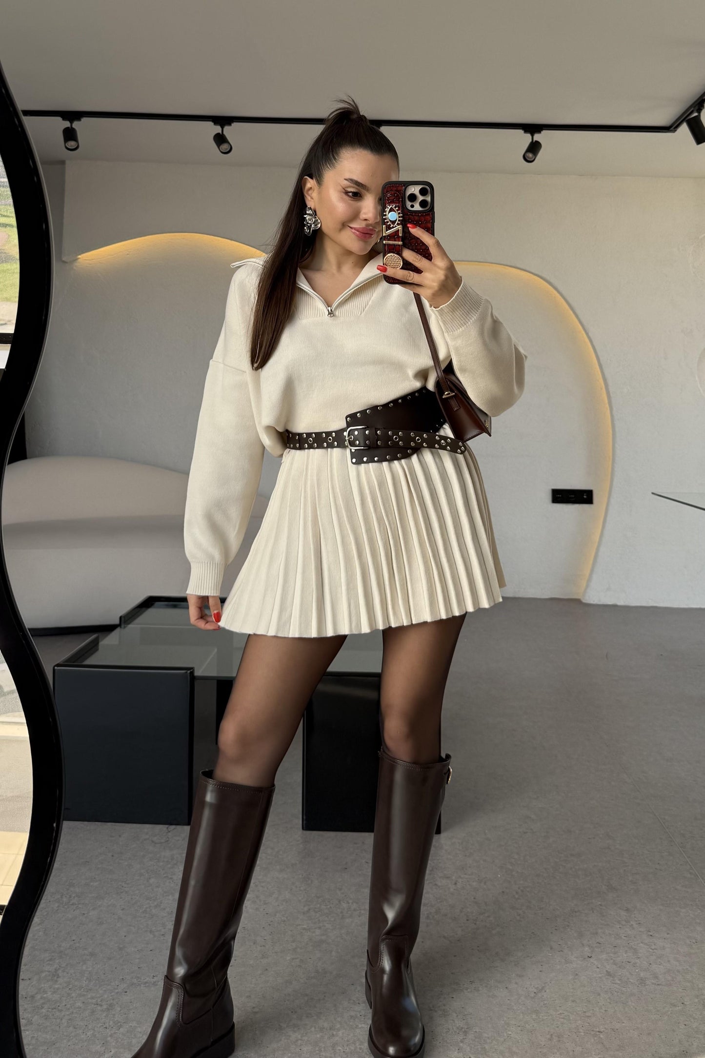 Shake Krem Kamyoner Yaka Pileli Etekli Takım