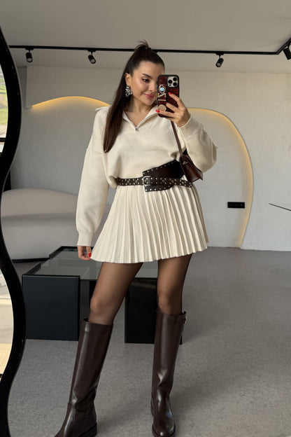 Shake Krem Kamyoner Yaka Pileli Etekli Takım