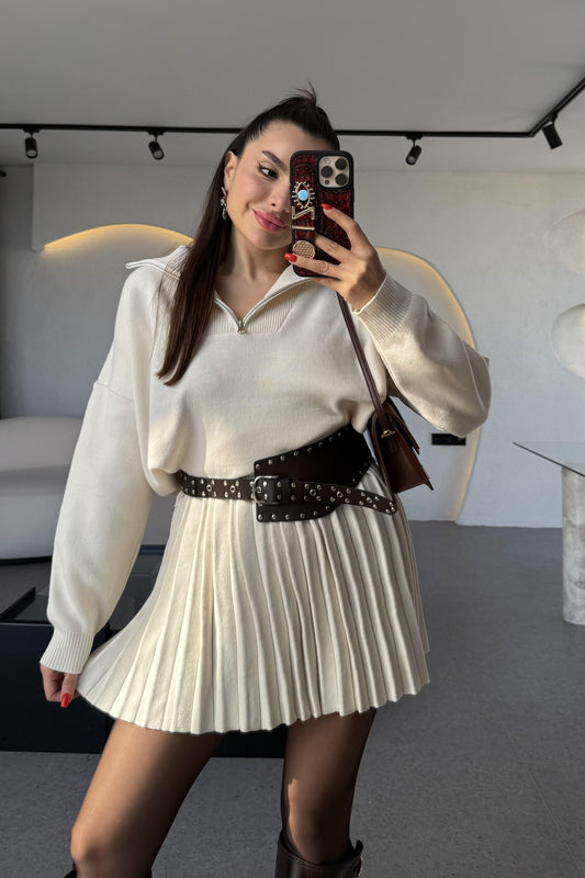 Shake Krem Kamyoner Yaka Pileli Etekli Takım