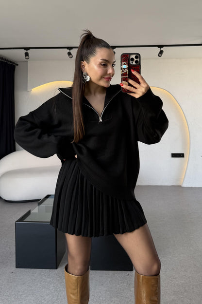 Shake Siyah Kamyoner Yaka Pileli Etekli Takım