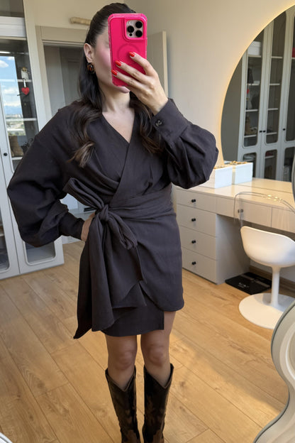 Shawe Acı Kahve Bağlamalı Keten Elbise