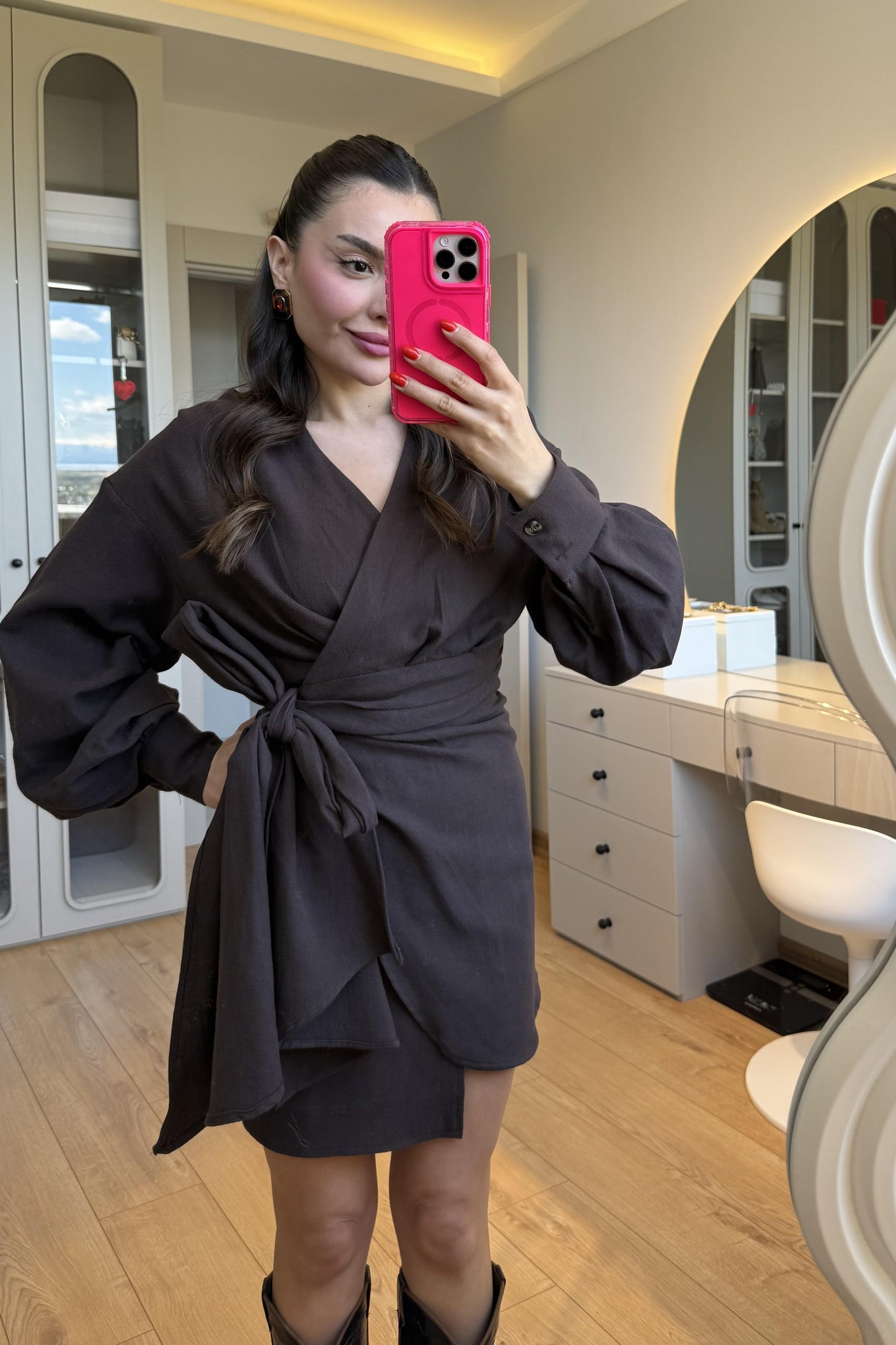 Shawe Acı Kahve Bağlamalı Keten Elbise