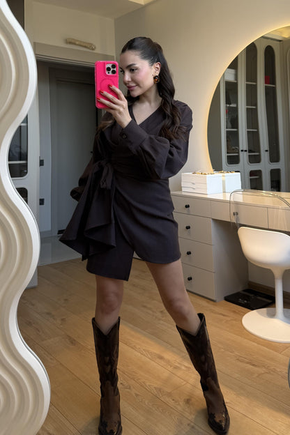 Shawe Acı Kahve Bağlamalı Keten Elbise