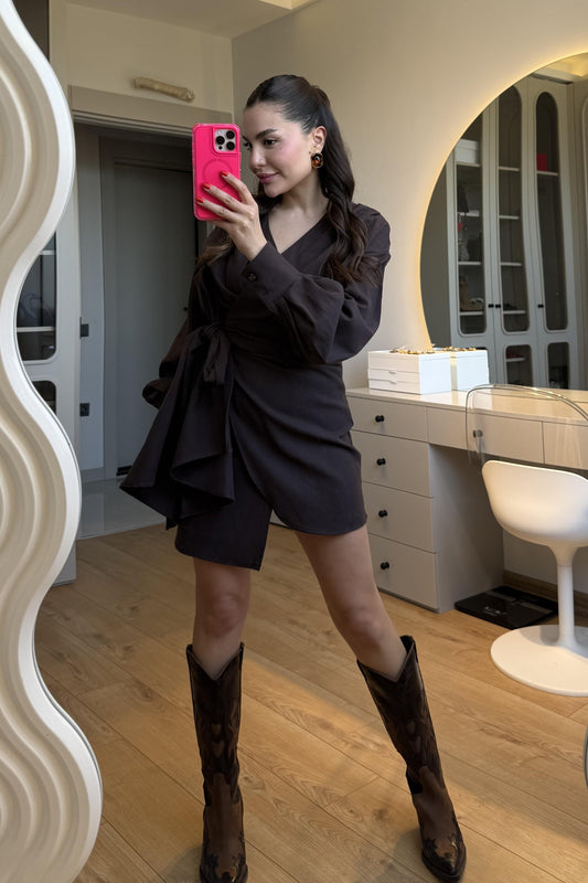 Shawe Acı Kahve Bağlamalı Keten Elbise