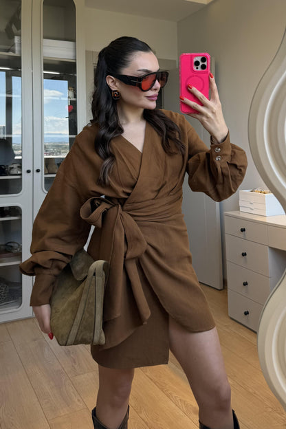 Shawe Tarçın Bağlamalı Keten Elbise