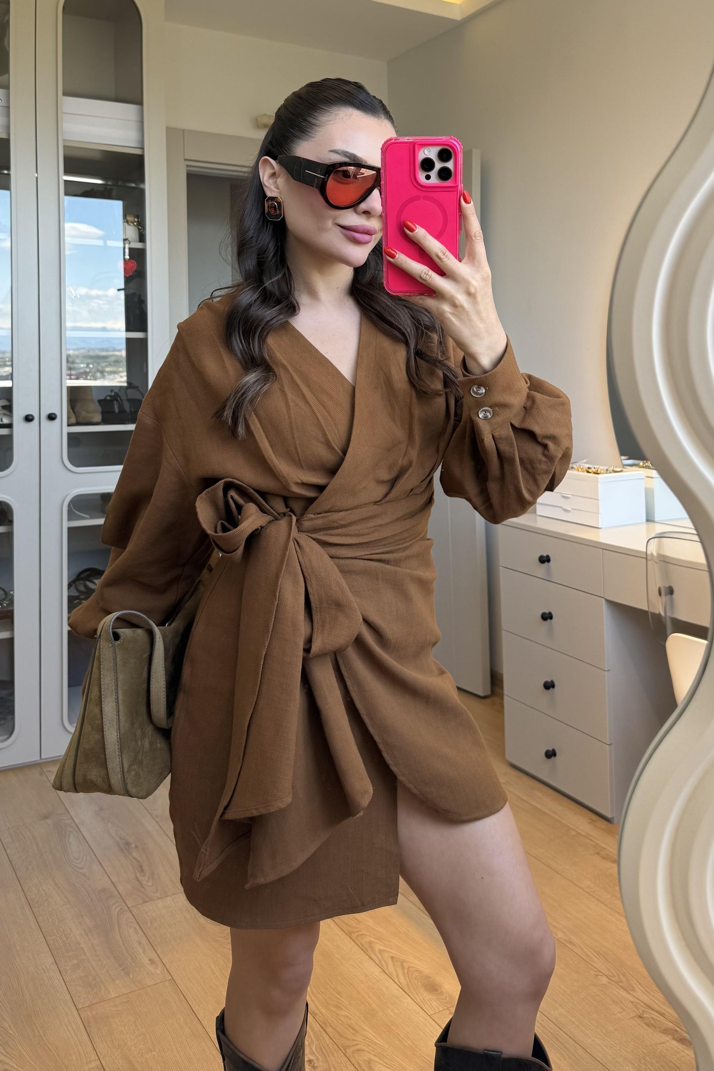 Shawe Tarçın Bağlamalı Keten Elbise