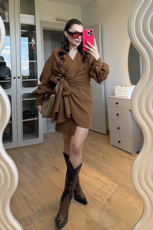 Shawe Tarçın Bağlamalı Keten Elbise