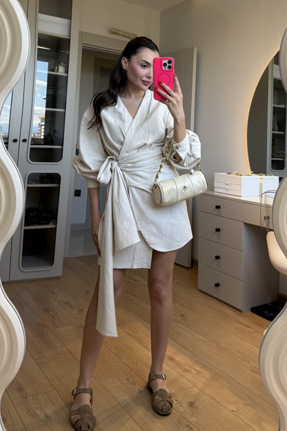 Shawe Taş Bağlamalı Keten Elbise