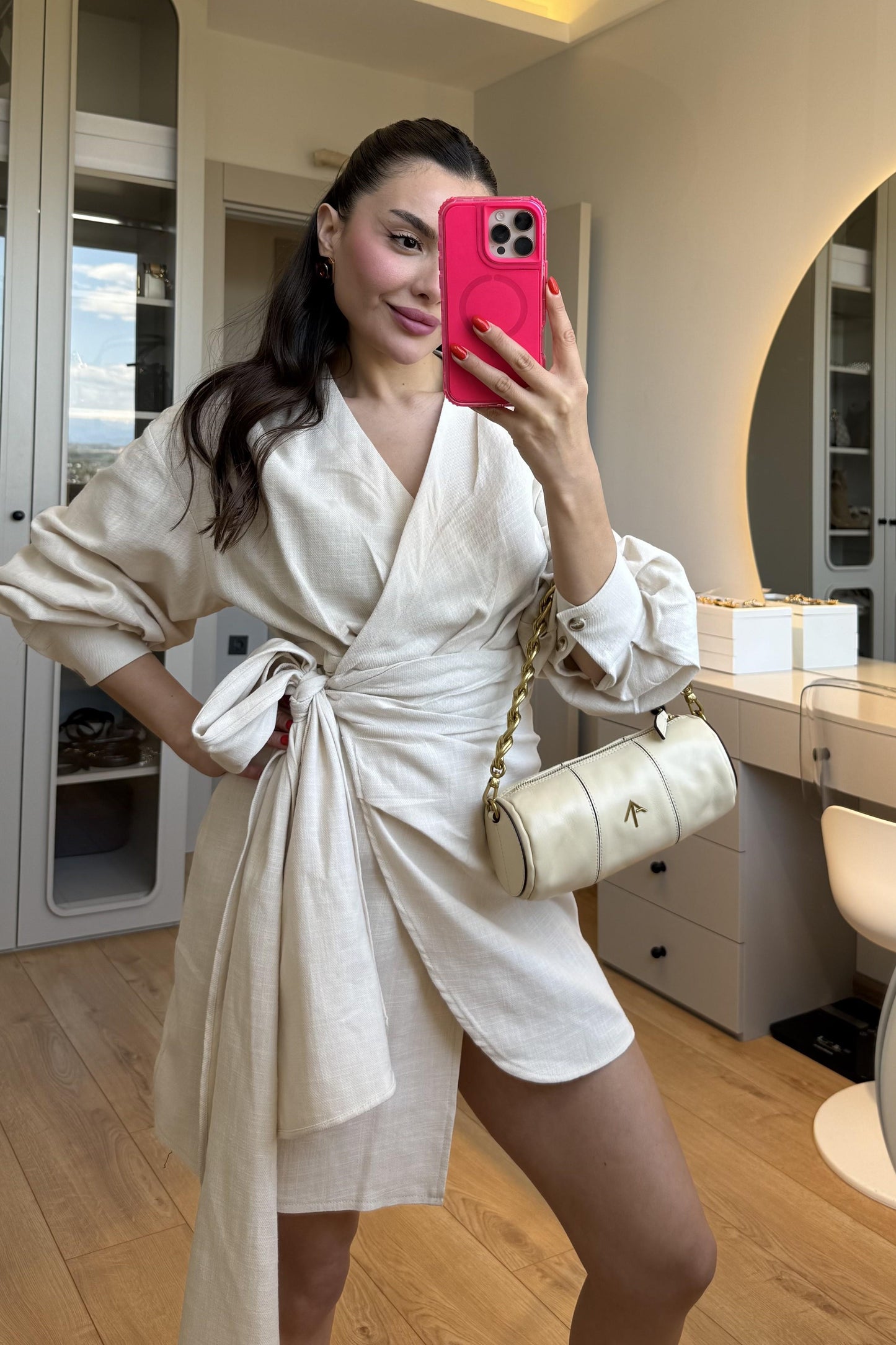 Shawe Taş Bağlamalı Keten Elbise