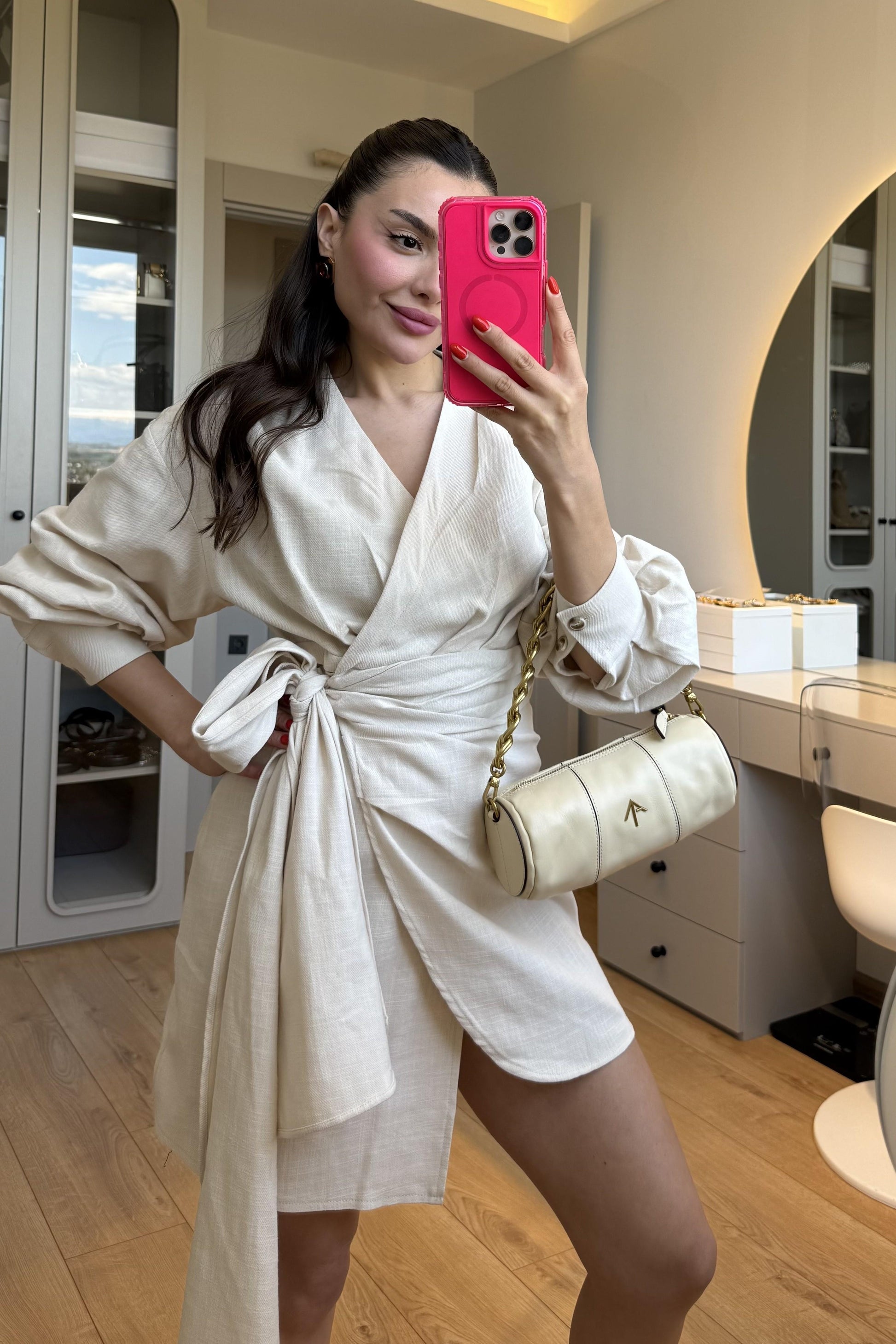 Shawe Taş Bağlamalı Keten Elbise