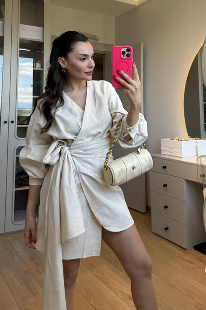 Shawe Taş Bağlamalı Keten Elbise