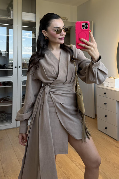 Shawe Vizon Bağlamalı Keten Elbise