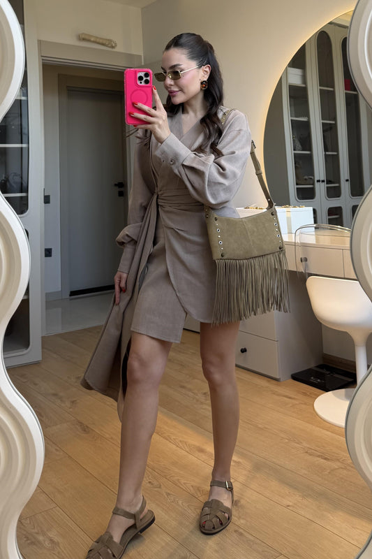 Shawe Vizon Bağlamalı Keten Elbise