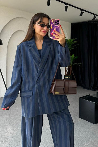 Shayla Çizgili Lacivert Blazer Ceket