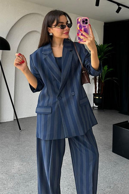 Shayla Çizgili Lacivert Blazer Ceket