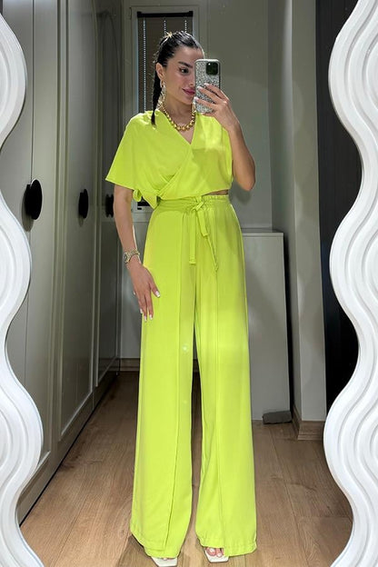 Shepherd Yırtmaçlı Pantolon Bluz Takım - Neon Yeşil