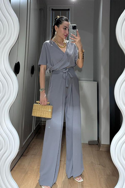 Shepherd Yırtmaçlı Pantolon Bluz Takım - Füme