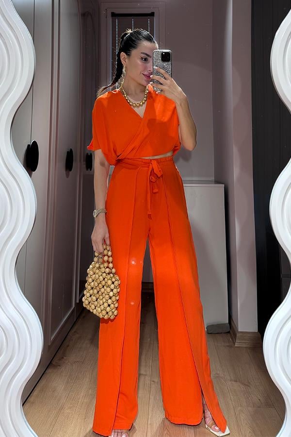 Shepherd Yırtmaçlı Pantolon Bluz Takım - Turuncu