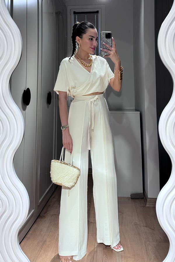 Shepherd Yırtmaçlı Pantolon Bluz Takım - Krem