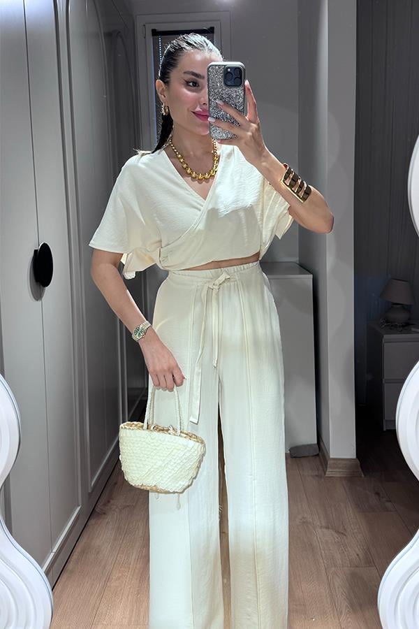 Shepherd Yırtmaçlı Pantolon Bluz Takım - Krem