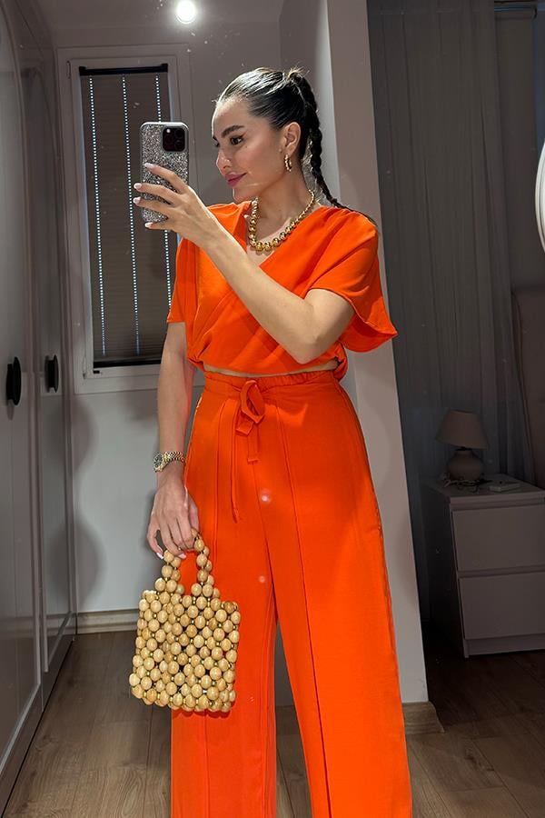 Shepherd Yırtmaçlı Pantolon Bluz Takım - Turuncu