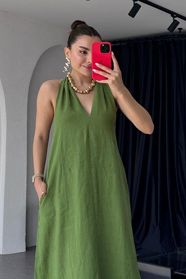 Sherine Premium Keten Elbise - Çimen Yeşil
