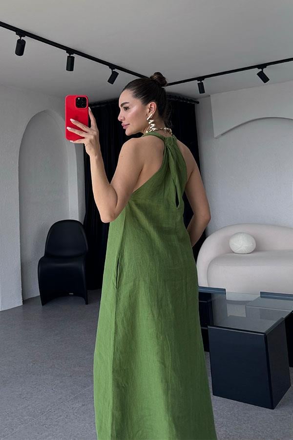 Sherine Premium Keten Elbise - Çimen Yeşil