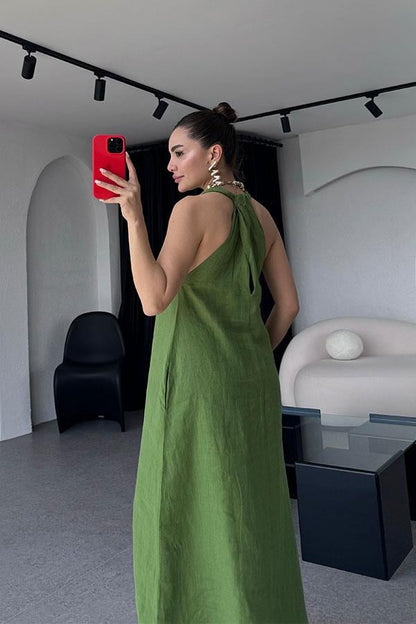Sherine Premium Keten Elbise - Çimen Yeşil