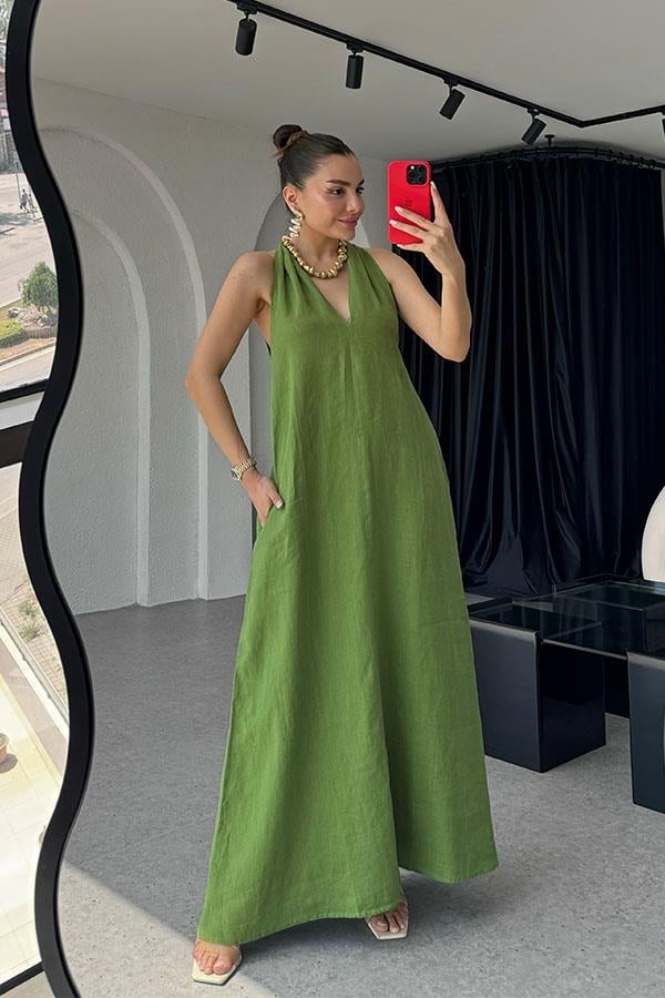 Sherine Premium Keten Elbise - Çimen Yeşil