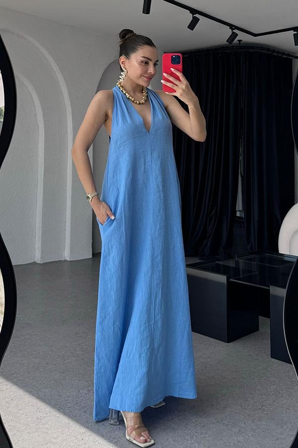 Sherine Premium Keten Elbise - Mavi