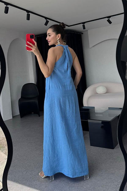 Sherine Premium Keten Elbise - Mavi