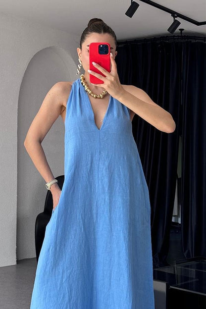Sherine Premium Keten Elbise - Mavi