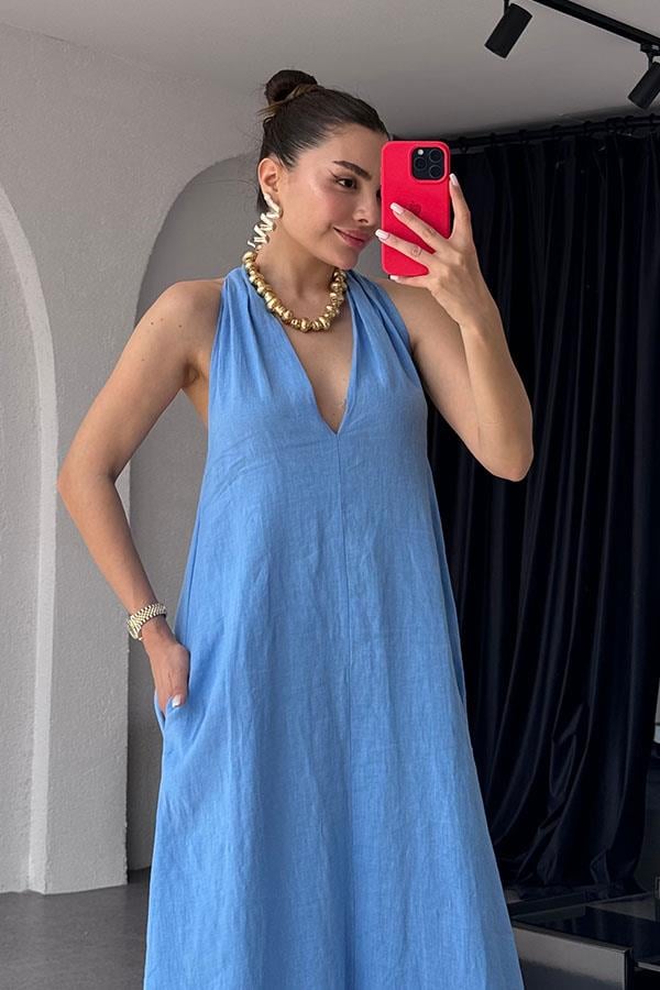 Sherine Premium Keten Elbise - Mavi