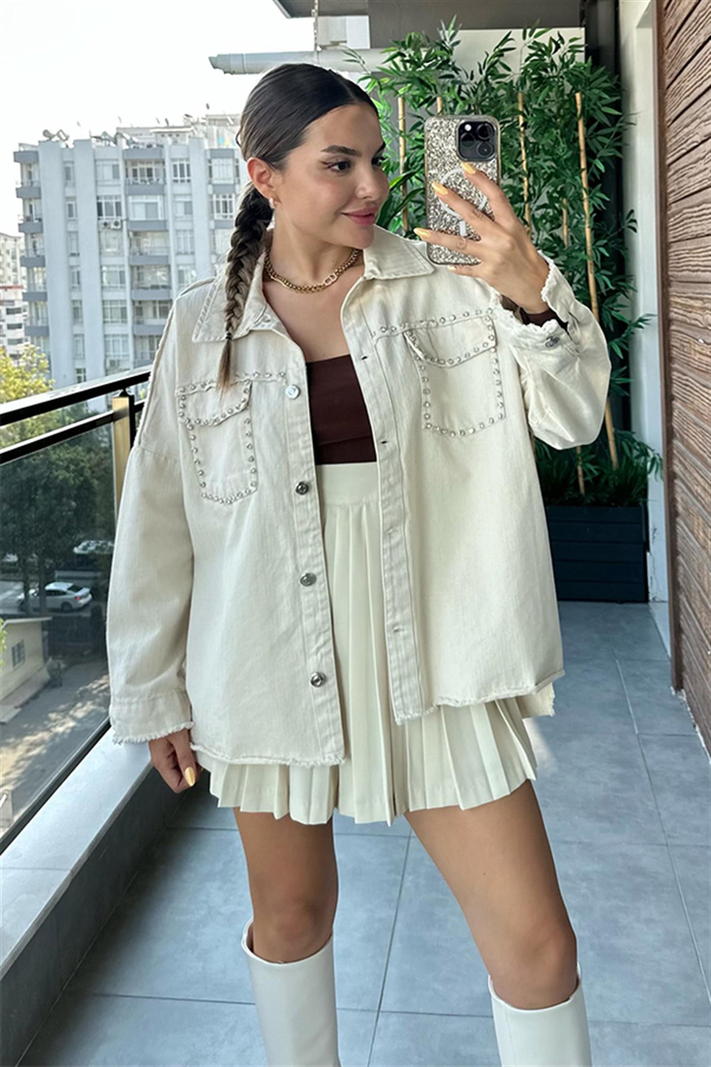 Shirley Taş Detaylı Krem Gabardin Ceket