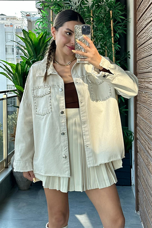 Shirley Taş Detaylı Krem Gabardin Ceket